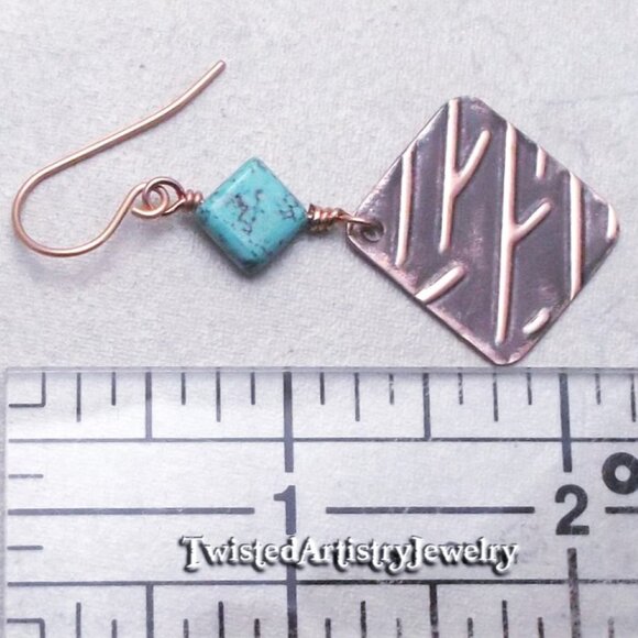 Turquoise and Embossed Copper Rhombus Earrings - Picture 3 of 3